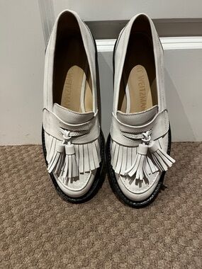 Stuart Weitzman White Tassel Fringe Loafers with Black Soles
